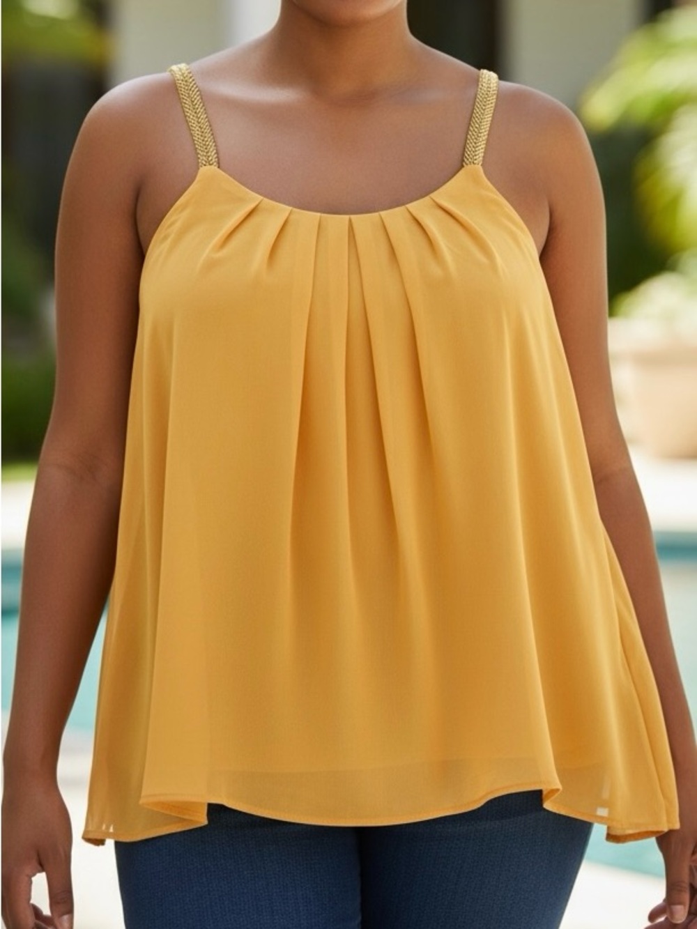MANER Yellow Pleated Chiffon Blouse Beaded Strap Tank Top Plus Size 3XL